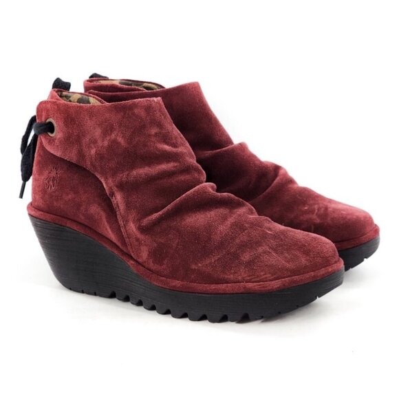 Fly London Womens Red Suede Wedge Ankle Boots Size 35 5 With Lace Detail - Picture 5 of 7